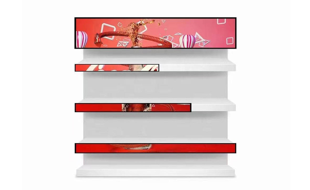Stretch shelf screen in mall